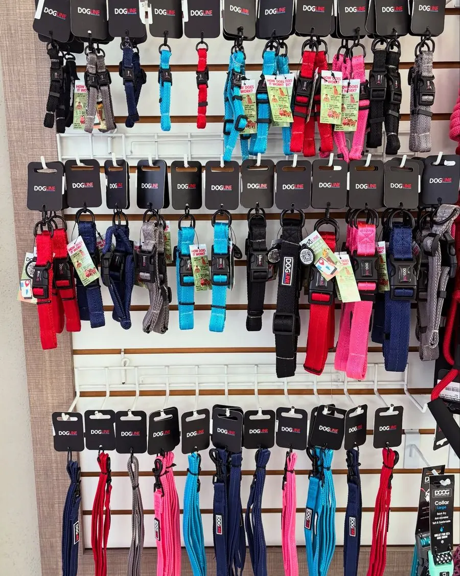 Pared de correas y collares en Lucky Pet